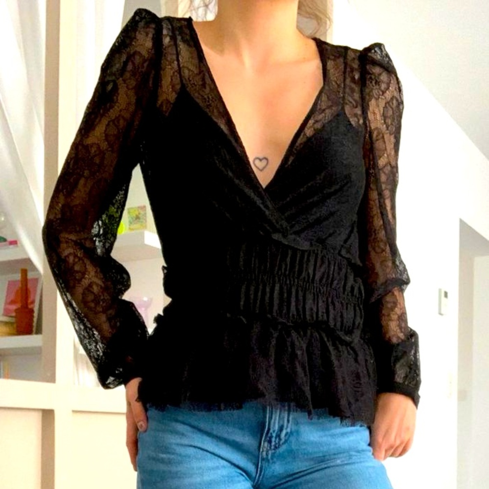 Zara (M) Black Floral Lace V Neck Peplum Longsleeve Peplum Look Blouse Top